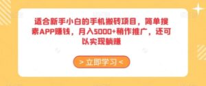 适合新手小白的手机搬砖项目，简单搜素APP赚钱，月入5000+稍作推广，还可以实现躺赚【揭秘】-大磊资源网