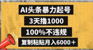 AI头条暴力起号，3天撸1000,100%不违规，复制粘贴月入6000＋【揭秘】-大磊资源网