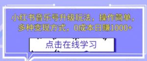 小红书音乐号升级玩法，操作简单，多种变现方式，0成本日赚1000+【揭秘】-大磊资源网