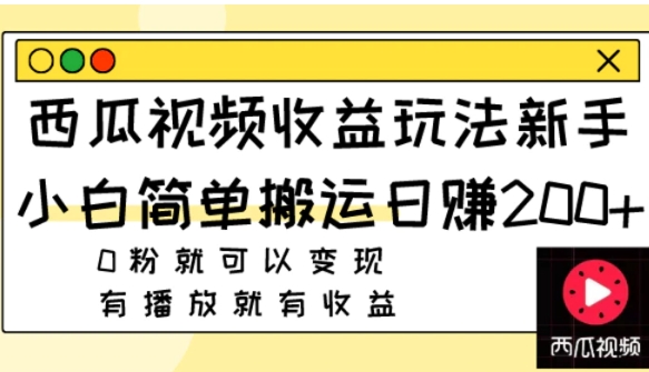 西瓜视频收益玩法，新手小白简单搬运日赚200+0粉就可以变现 有播放就有收益-大磊资源网