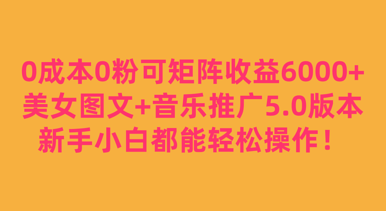 0成本0粉可矩阵月收益6000+，美女图文+音乐推广5.0版本，新手小白都能轻松-大磊资源网