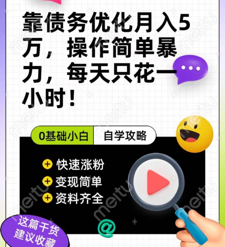 靠债务优化，月入5万，操作简单，多种变现方式，小白必入！-大磊资源网