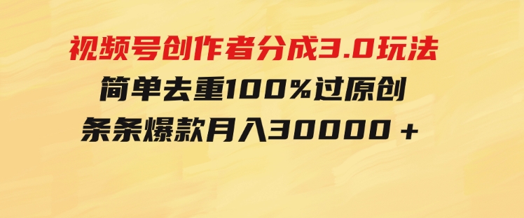 视频号创作者分成3.0玩法，简单去重100%过原创，条条爆款，月入30000＋-大磊资源网