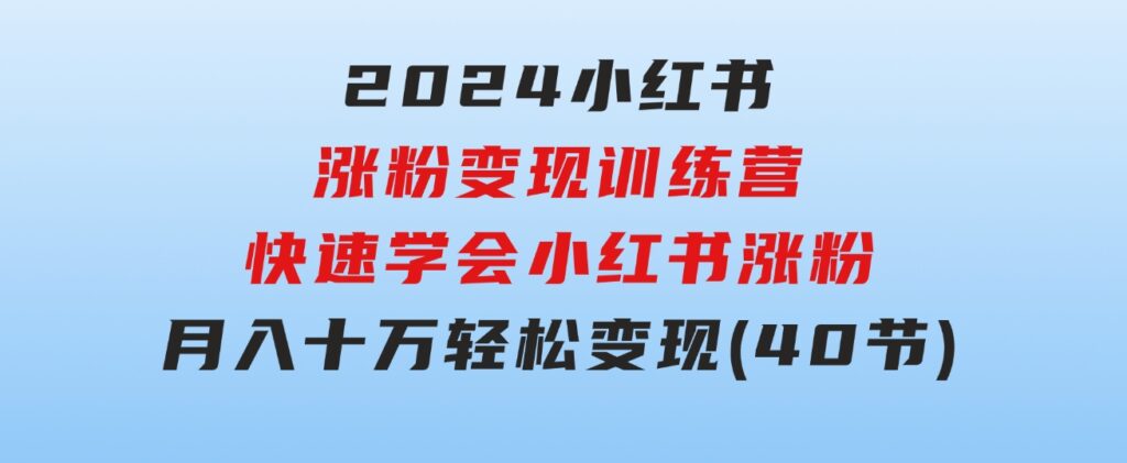 2024小红书涨粉变现训练营，快速学会小红书涨粉，月入十万轻松变现(40节)-大磊资源网