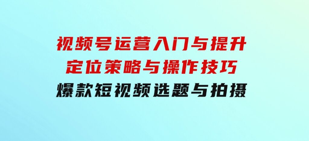 视频号运营入门与提升：定位策略与操作技巧，爆款短视频选题与拍摄-大磊资源网