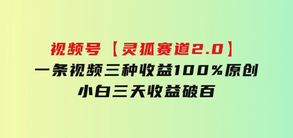 视频号【灵狐赛道2.0】一条视频三种收益100%原创小白三天收益破百-大磊资源网