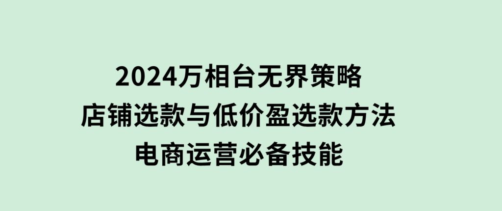 2024万相台无界策略，店铺选款与低价盈选款方法，电商运营必备技能-大磊资源网
