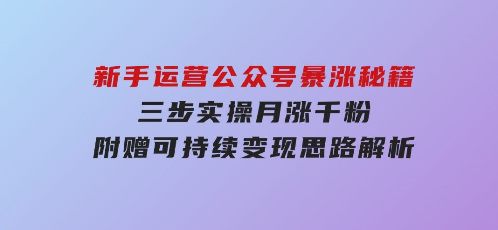 新手运营公众号暴涨秘籍，三步实操月涨千粉，附赠可持续变现思路解析-大磊资源网